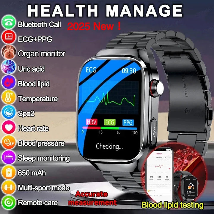 2025 Smartwatch – Uric Acid & Blood Fat Monitor, ECG+PPG, Bluetooth Call, Fitness Tracker