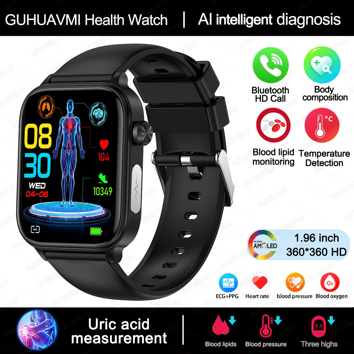2025 ECG+PPG Smartwatch – Blood Pressure, Lipid & Uric Acid Monitor with Women’s Health Tracker