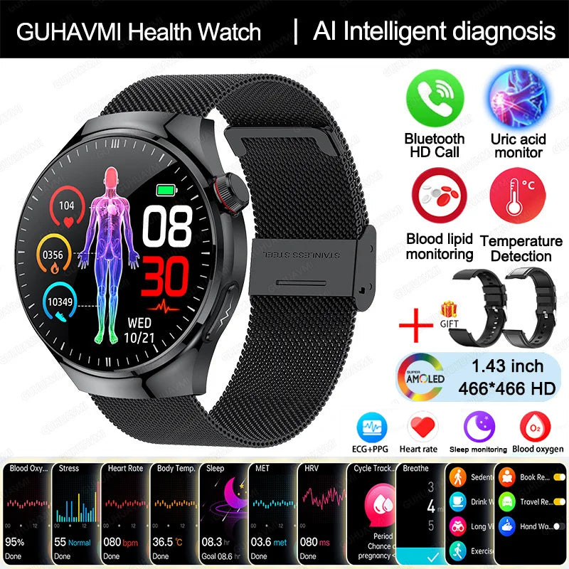 2025 Nursing-Grade Smartwatch – Blood Oxygen, Lipid, Uric Acid, ECG+PPG, Body Temp & Bluetooth Call