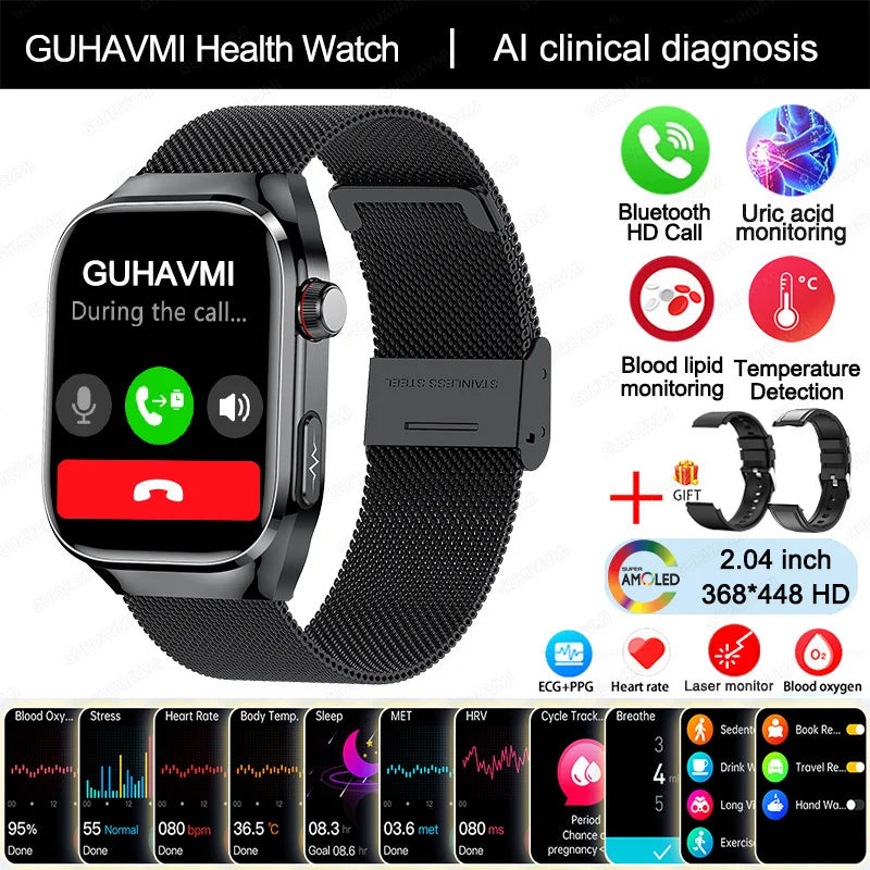 2025 Smartwatch – Uric Acid & Blood Fat Monitor, ECG+PPG, Bluetooth Call, Fitness Tracker
