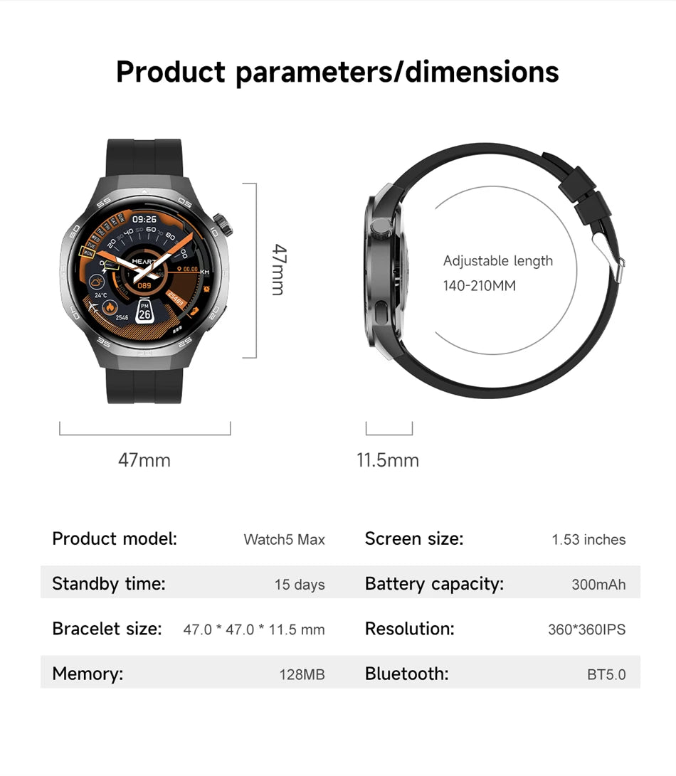 Watch 5 MAX 2025 – AMOLED Smartwatch with NFC, GPS, Bluetooth Call & Fitness Tracking