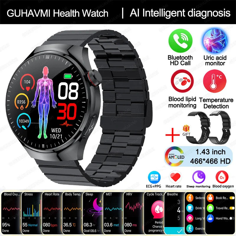 2025 Nursing-Grade Smartwatch – Blood Oxygen, Lipid, Uric Acid, ECG+PPG, Body Temp & Bluetooth Call