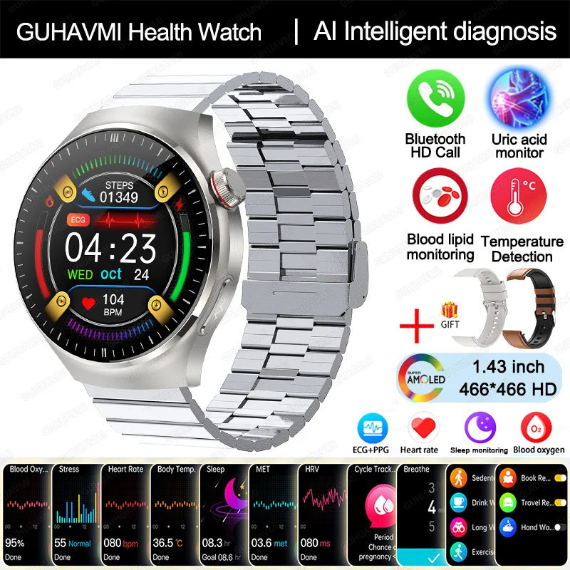 2025 Nursing-Grade Smartwatch – Blood Oxygen, Lipid, Uric Acid, ECG+PPG, Body Temp & Bluetooth Call
