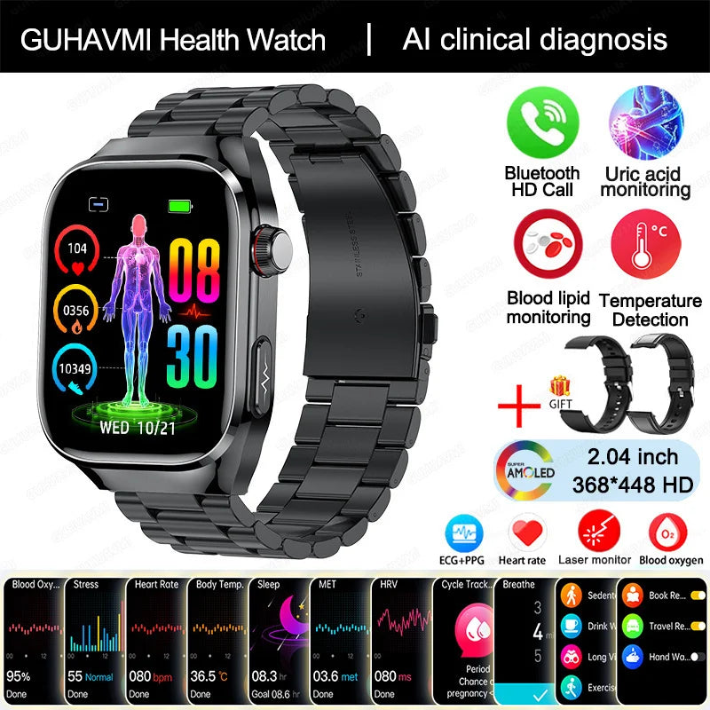 2025 Smartwatch – Uric Acid & Blood Fat Monitor, ECG+PPG, Bluetooth Call, Fitness Tracker