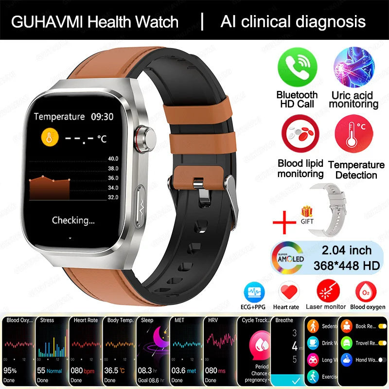 2025 Smartwatch – Uric Acid & Blood Fat Monitor, ECG+PPG, Bluetooth Call, Fitness Tracker