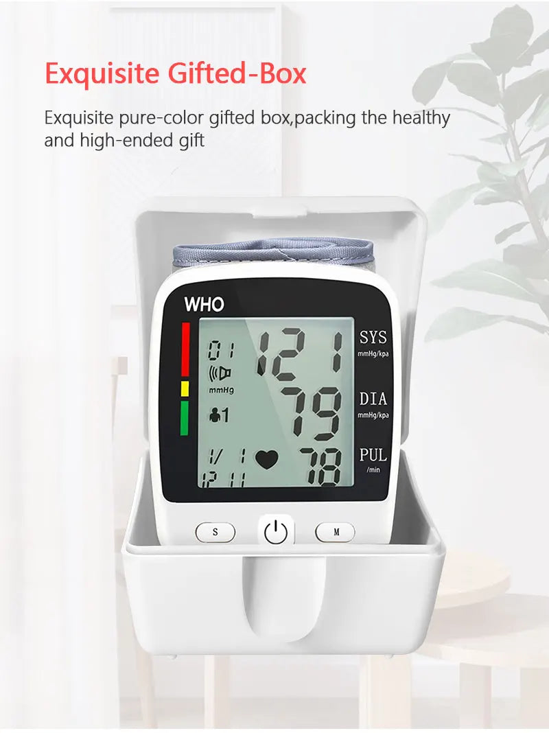 Rechargeable Wrist Blood Pressure Monitor – Digital LCD Sphygmomanometer