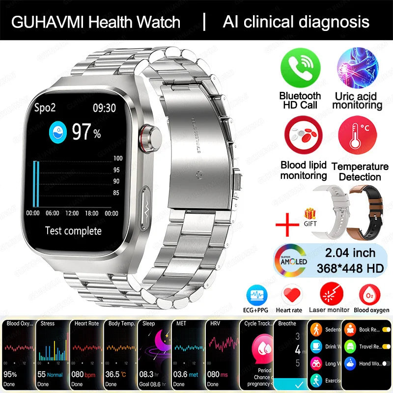 2025 Smartwatch – Uric Acid & Blood Fat Monitor, ECG+PPG, Bluetooth Call, Fitness Tracker