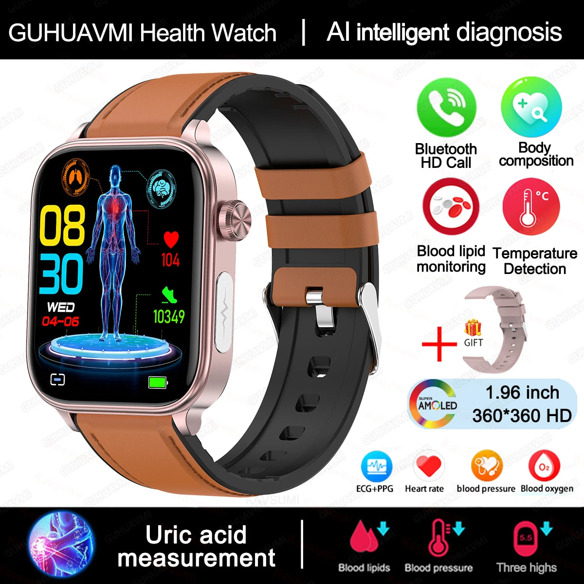 AI Diagnostic Smartwatch – Blood Lipid, Uric Acid & Women’s Health Tracker 2025