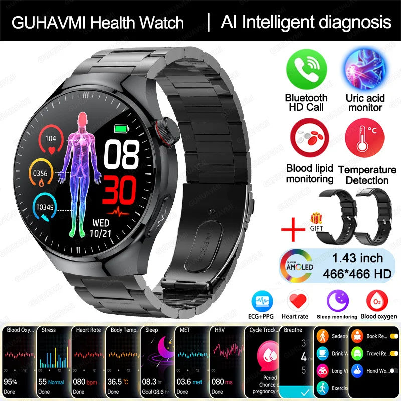 2025 Nursing-Grade Smartwatch – Blood Oxygen, Lipid, Uric Acid, ECG+PPG, Body Temp & Bluetooth Call