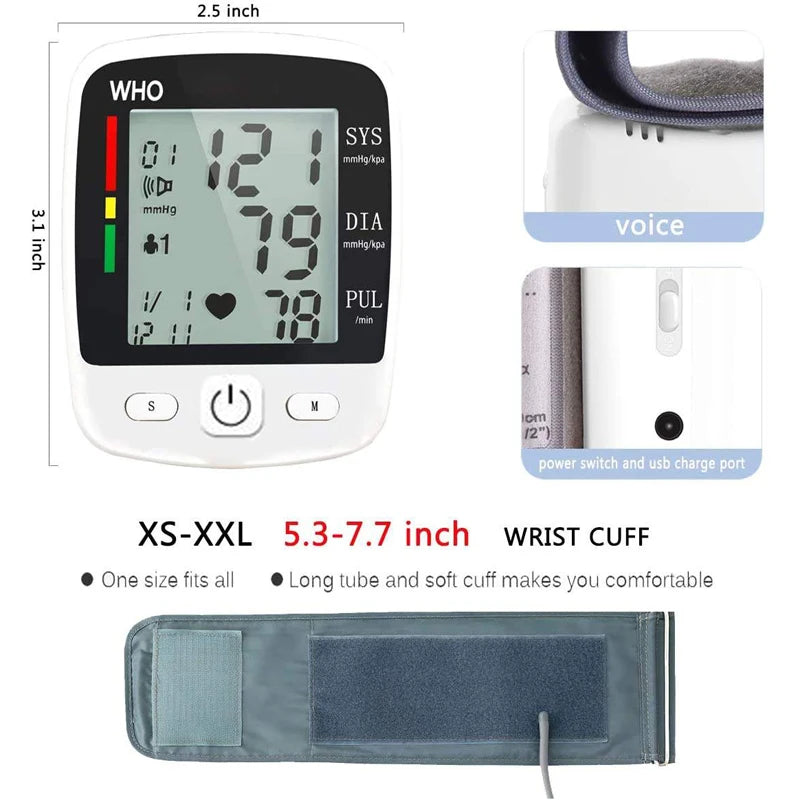 Rechargeable Wrist Blood Pressure Monitor – Digital LCD Sphygmomanometer