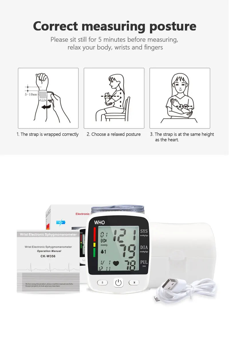 Rechargeable Wrist Blood Pressure Monitor – Digital LCD Sphygmomanometer
