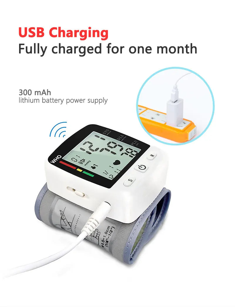 Rechargeable Wrist Blood Pressure Monitor – Digital LCD Sphygmomanometer