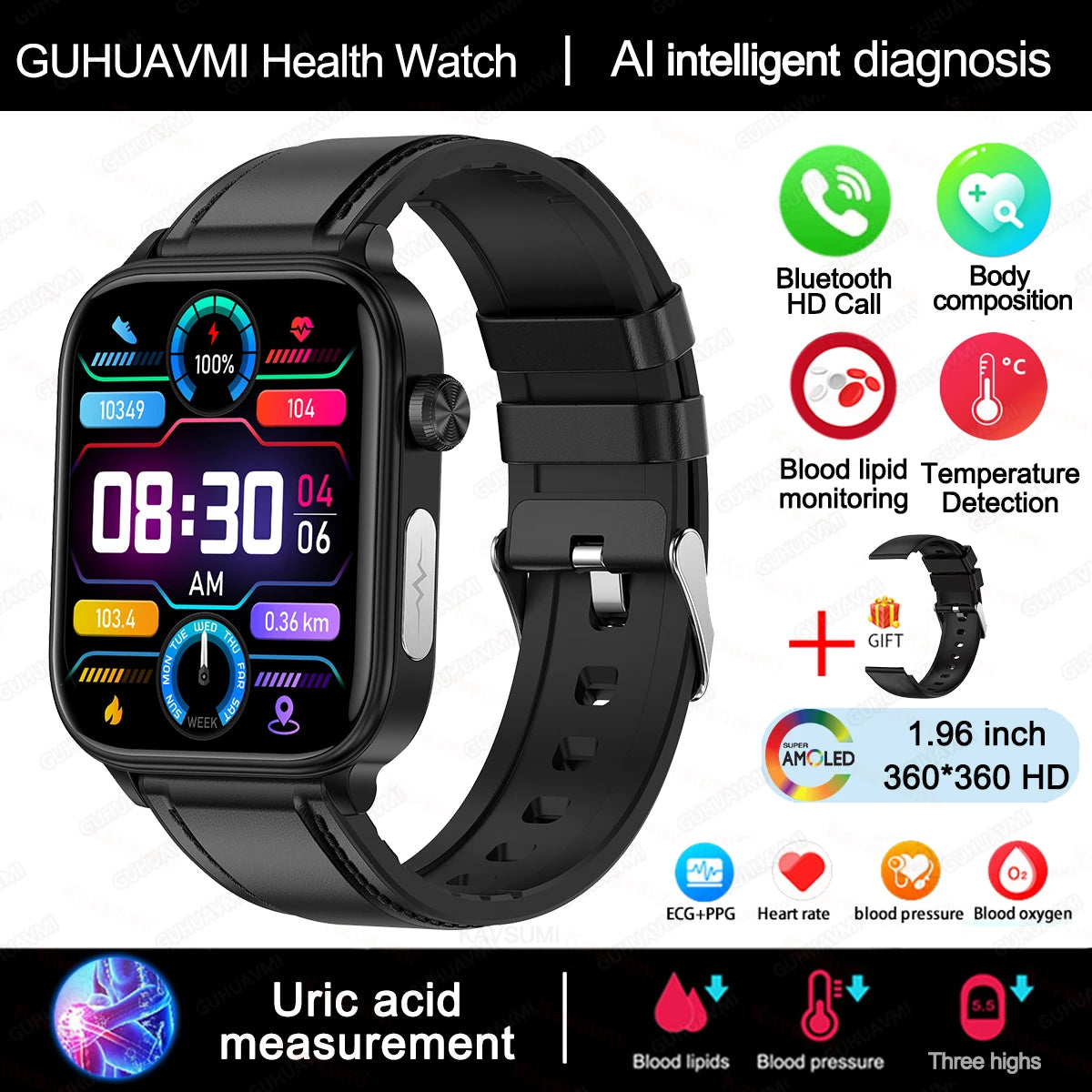2025 ECG+PPG Smartwatch – Blood Pressure, Lipid & Uric Acid Monitor with Women’s Health Tracker