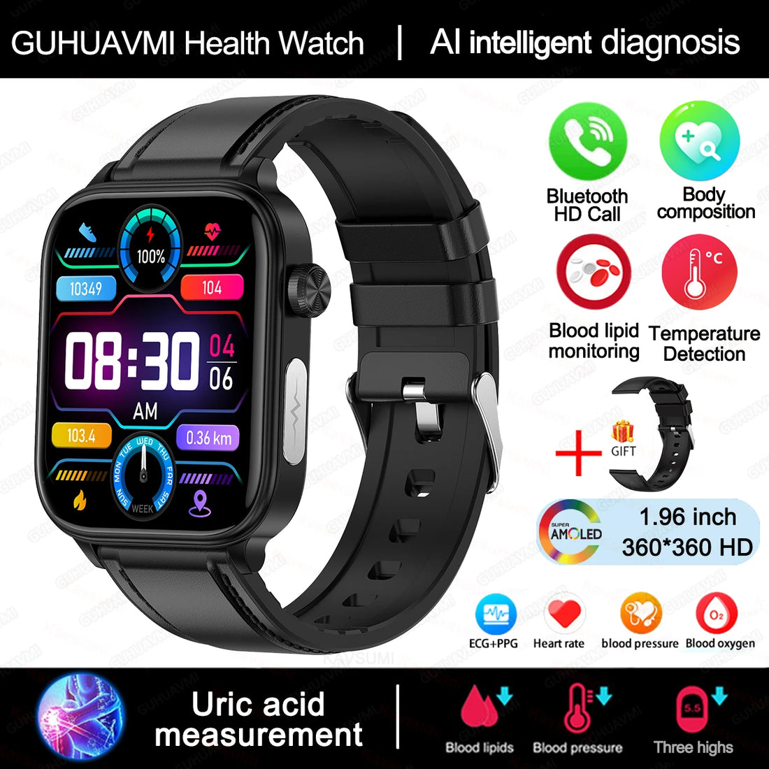 AI Diagnostic Smartwatch – Blood Lipid, Uric Acid & Women’s Health Tracker 2025