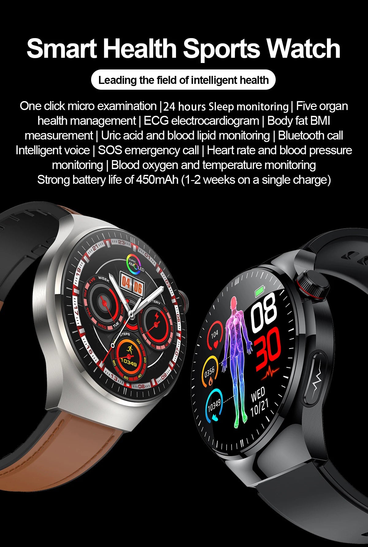 2025 Nursing-Grade Smartwatch – Blood Oxygen, Lipid, Uric Acid, ECG+PPG, Body Temp & Bluetooth Call