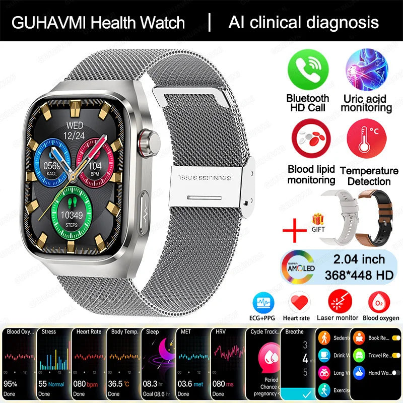 2025 Smartwatch – Uric Acid & Blood Fat Monitor, ECG+PPG, Bluetooth Call, Fitness Tracker