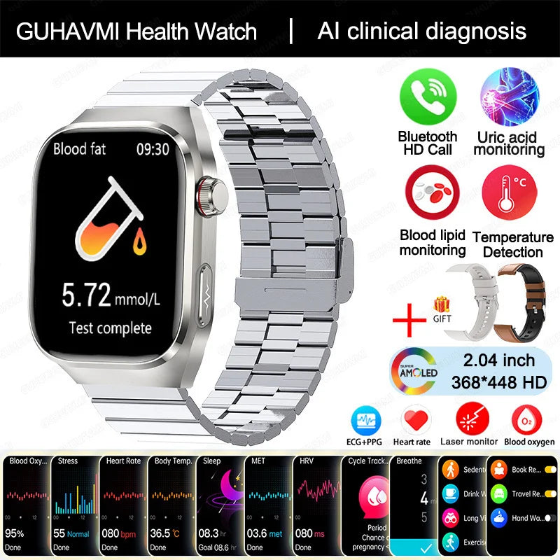 2025 Smartwatch – Uric Acid & Blood Fat Monitor, ECG+PPG, Bluetooth Call, Fitness Tracker