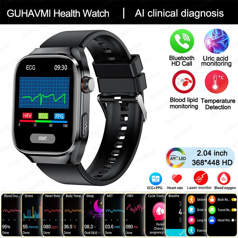 2025 Smartwatch – Uric Acid & Blood Fat Monitor, ECG+PPG, Bluetooth Call, Fitness Tracker