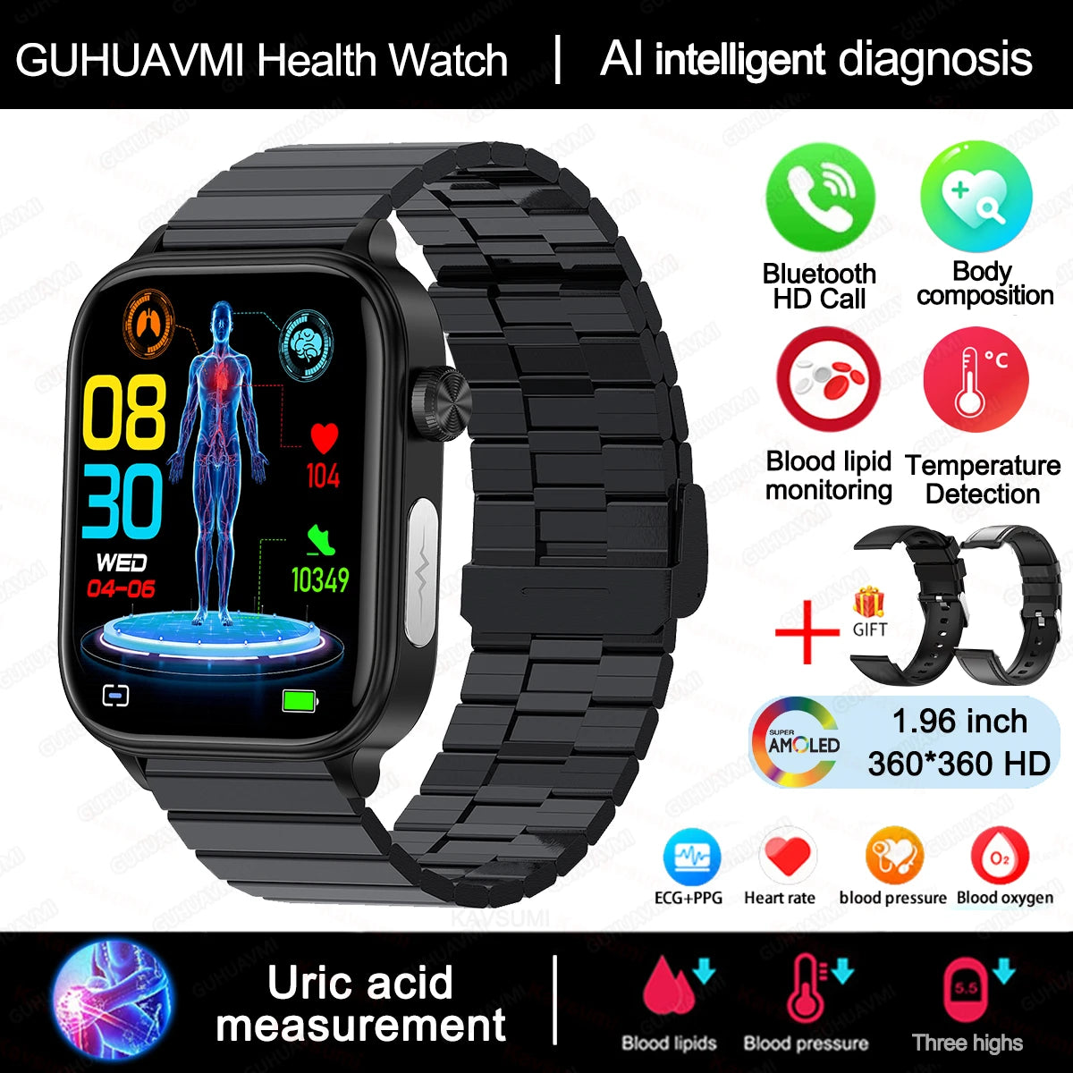 AI Diagnostic Smartwatch – Blood Lipid, Uric Acid & Women’s Health Tracker 2025