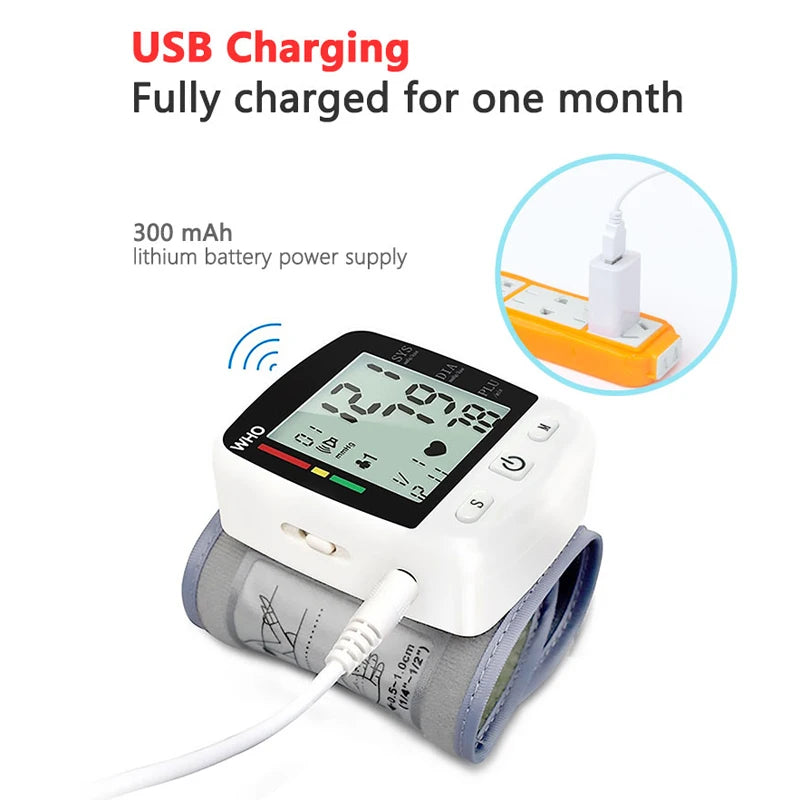 Rechargeable Wrist Blood Pressure Monitor – Digital LCD Sphygmomanometer
