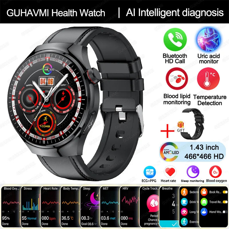 2025 Nursing-Grade Smartwatch – Blood Oxygen, Lipid, Uric Acid, ECG+PPG, Body Temp & Bluetooth Call