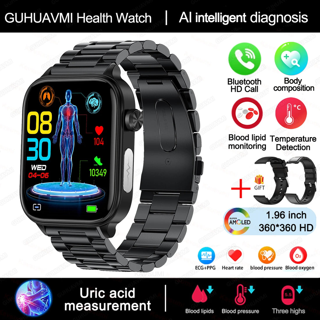 AI Diagnostic Smartwatch – Blood Lipid, Uric Acid & Women’s Health Tracker 2025