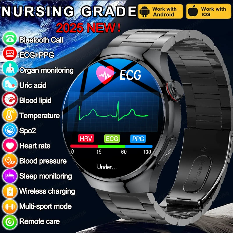 2025 Nursing-Grade Smartwatch – Blood Oxygen, Lipid, Uric Acid, ECG+PPG, Body Temp & Bluetooth Call