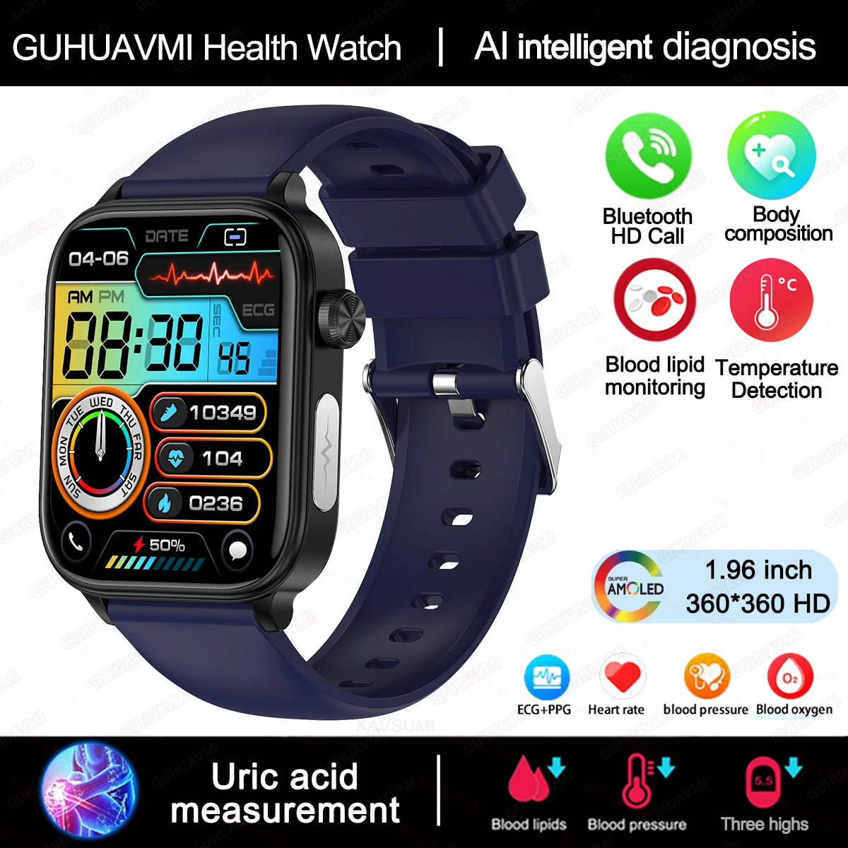 2025 ECG+PPG Smartwatch – Blood Pressure, Lipid & Uric Acid Monitor with Women’s Health Tracker